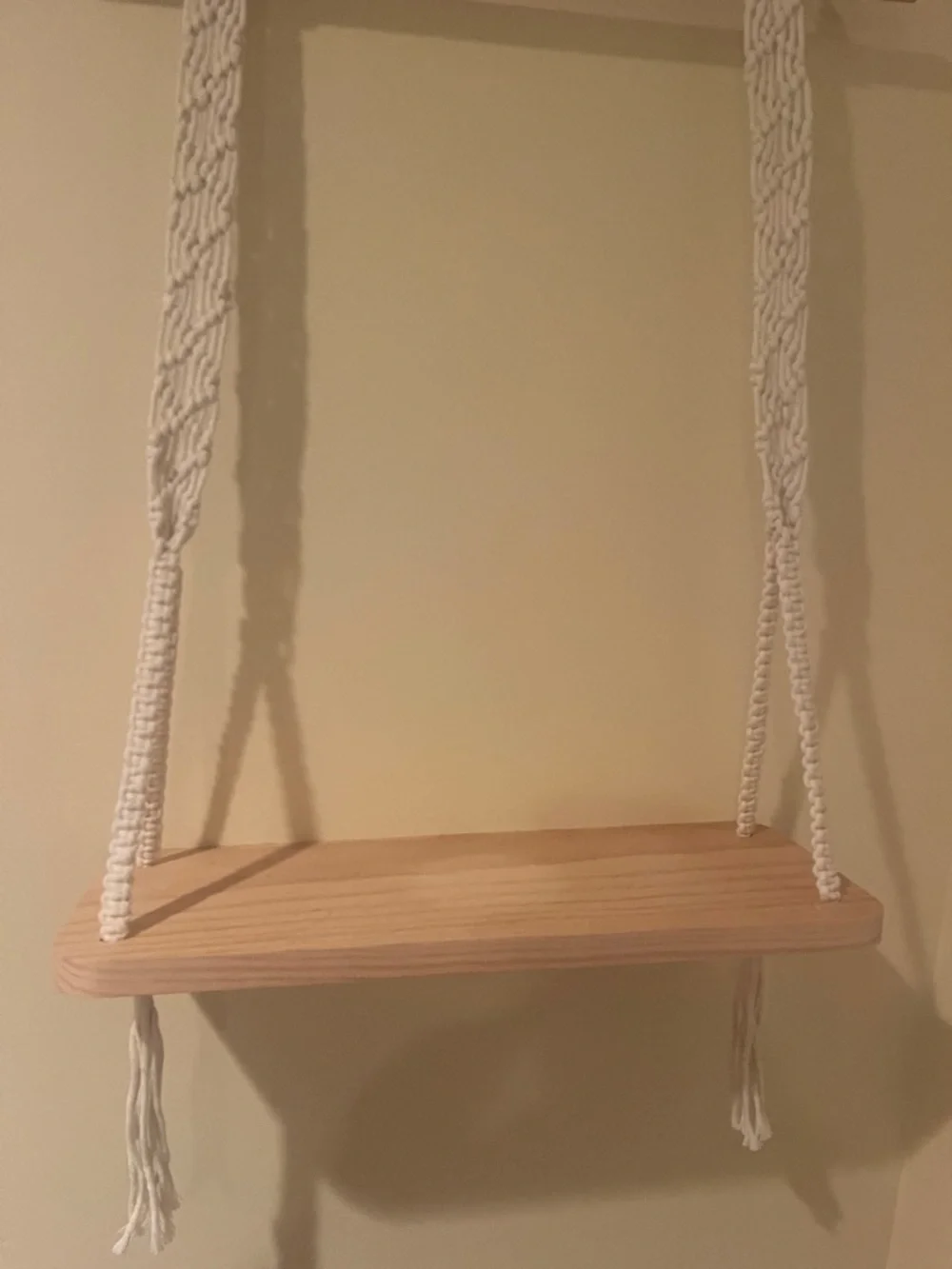 Natural Wood Hanging Shelf with Cream Macramé Cords